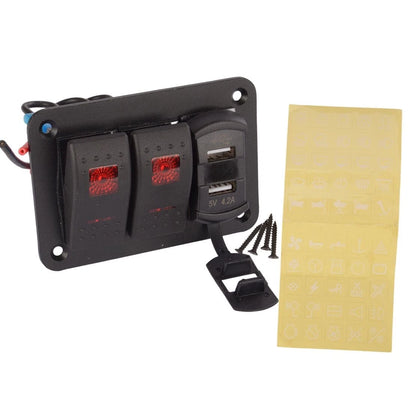 2 Gang Rocker Toggle Switch Panel w/ Dual USB Port for RV Truck Marine Boat