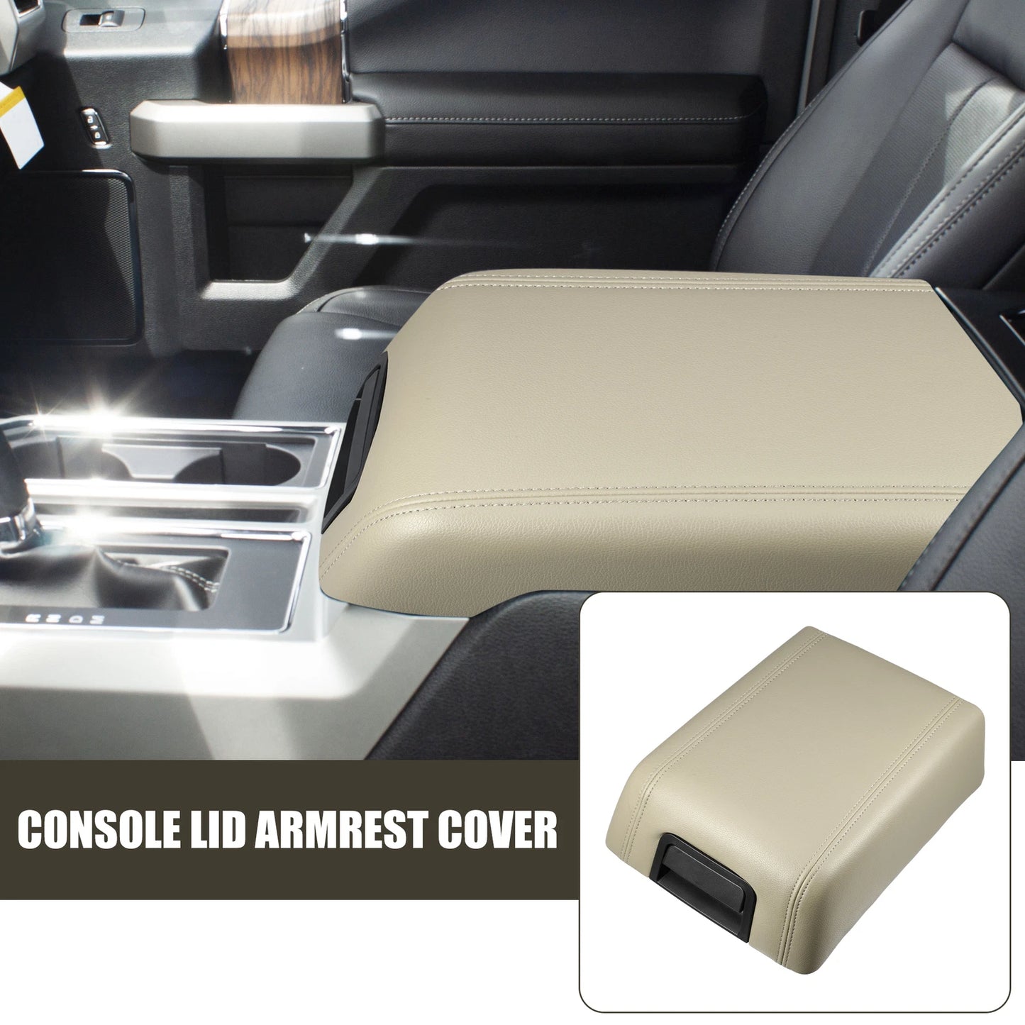 Center Console Lid Armrest Cover for Ford F-150 (2015-2023) Beige Faux Leather