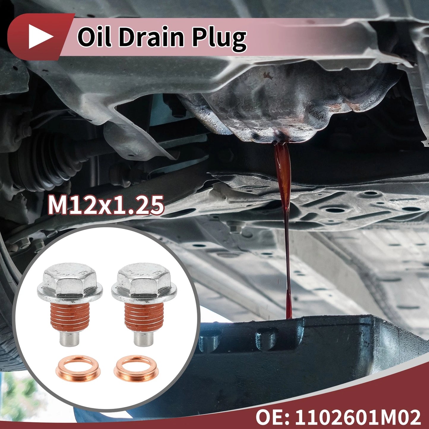 Metal Oil Drain Plug Set for Nissan Infiniti (1102601M02) Red Silver Tone