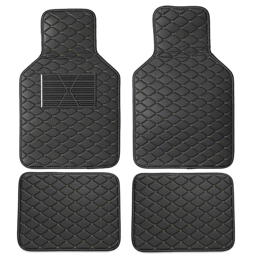 4 x Car Floor Mats Waterproof PU Leather Black & Beige