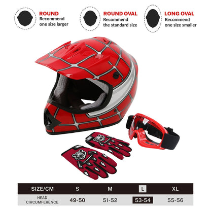 Spider Net Helmet + Goggles Gloves for Dirt Bike Motocross - Youth DOT Red S/M/L/XL