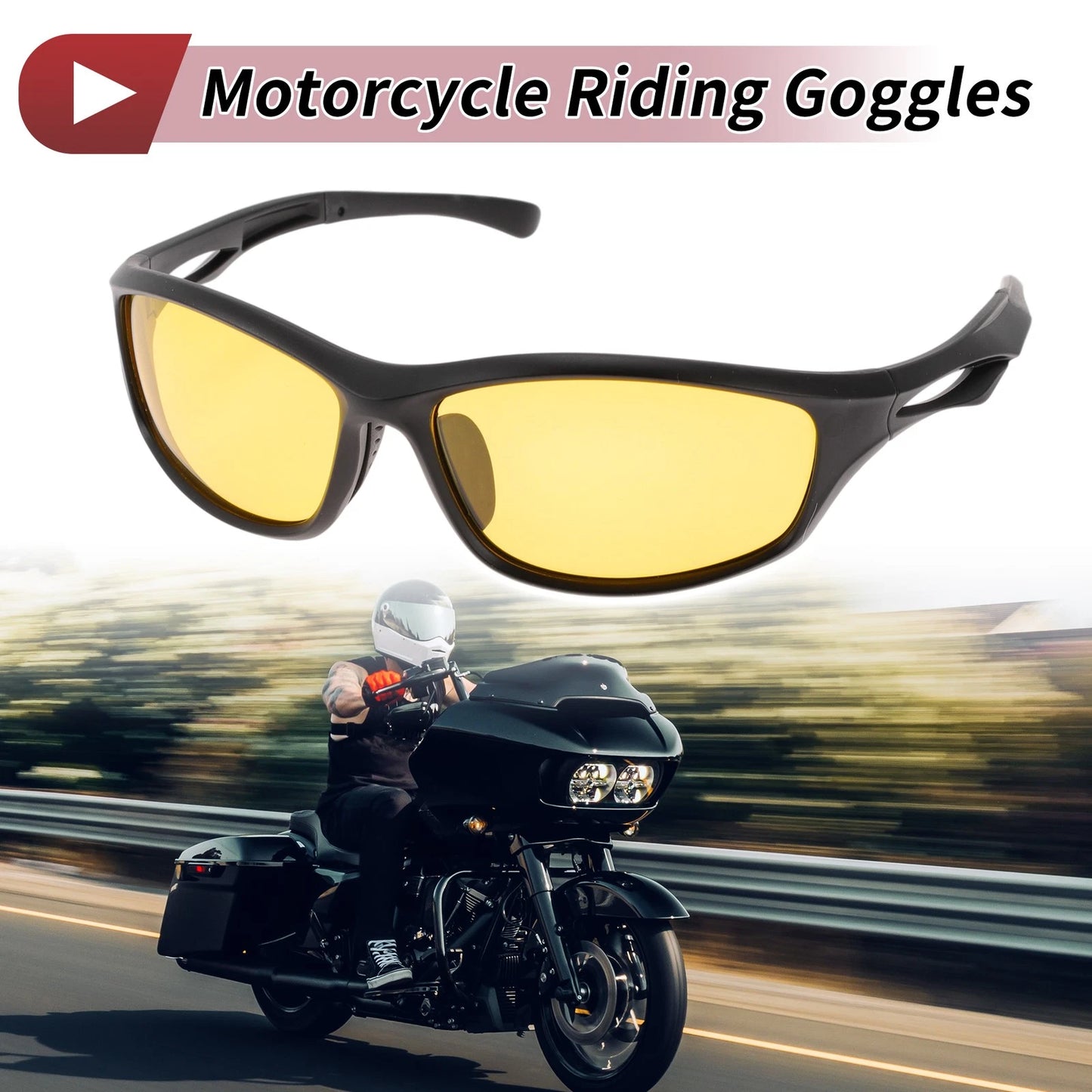 Motorcycle Riding Goggles Yellow Lens Black Frame Tri-acetel Cellulose PC