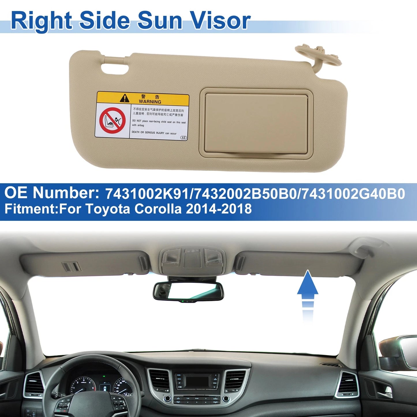 Right Side Sun Visor Beige for Toyota Corolla (2014–2018)