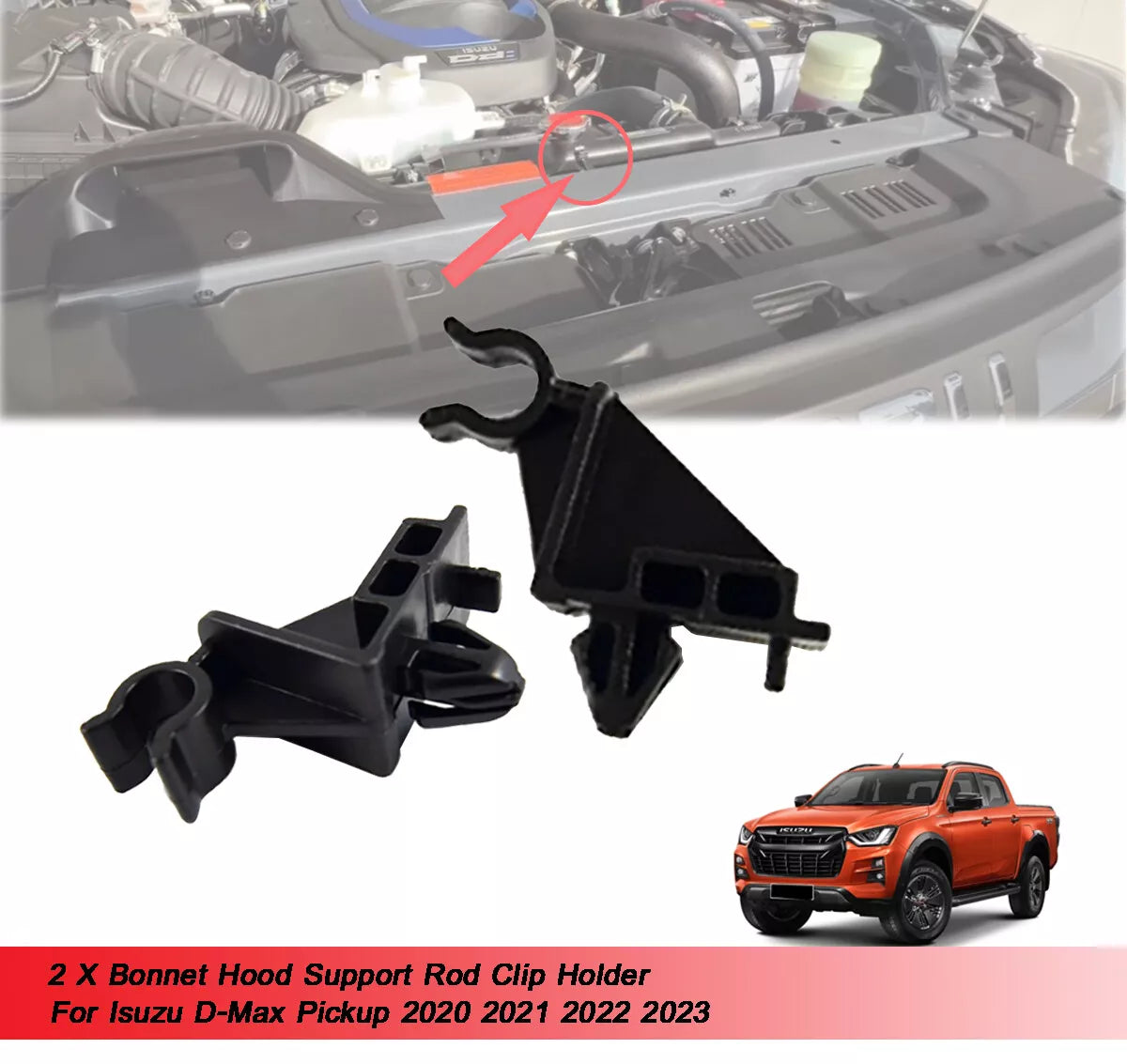 2 x Bonnet Hood Support Rod Clips for Isuzu D-Max (2020-2023)