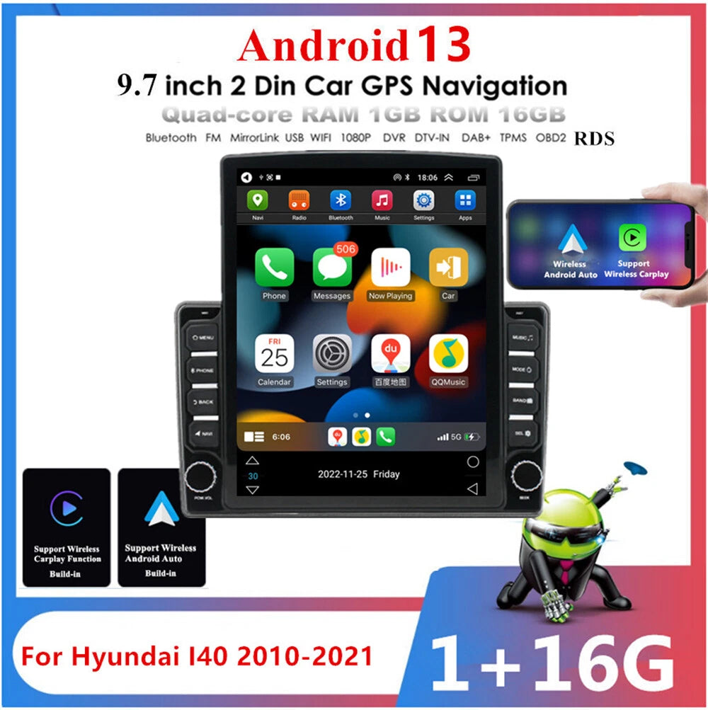 9.7" Vertical Car Stereo Radio GPS for Hyundai I40 (2010-2021) Wireless Carplay