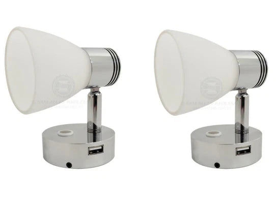 2 X Caravan Boat Bulkhead Lights LED with USB Outlet Chrome/White