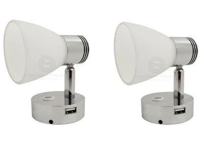 2 X Caravan Boat Bulkhead Lights LED with USB Outlet Chrome/White
