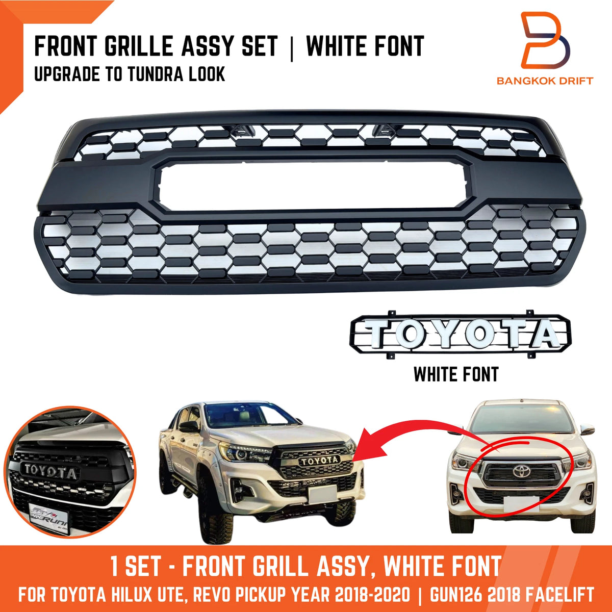Tundra Style Front Grille White Letter for Toyota Hilux Ute SR5 (2018-2020)
