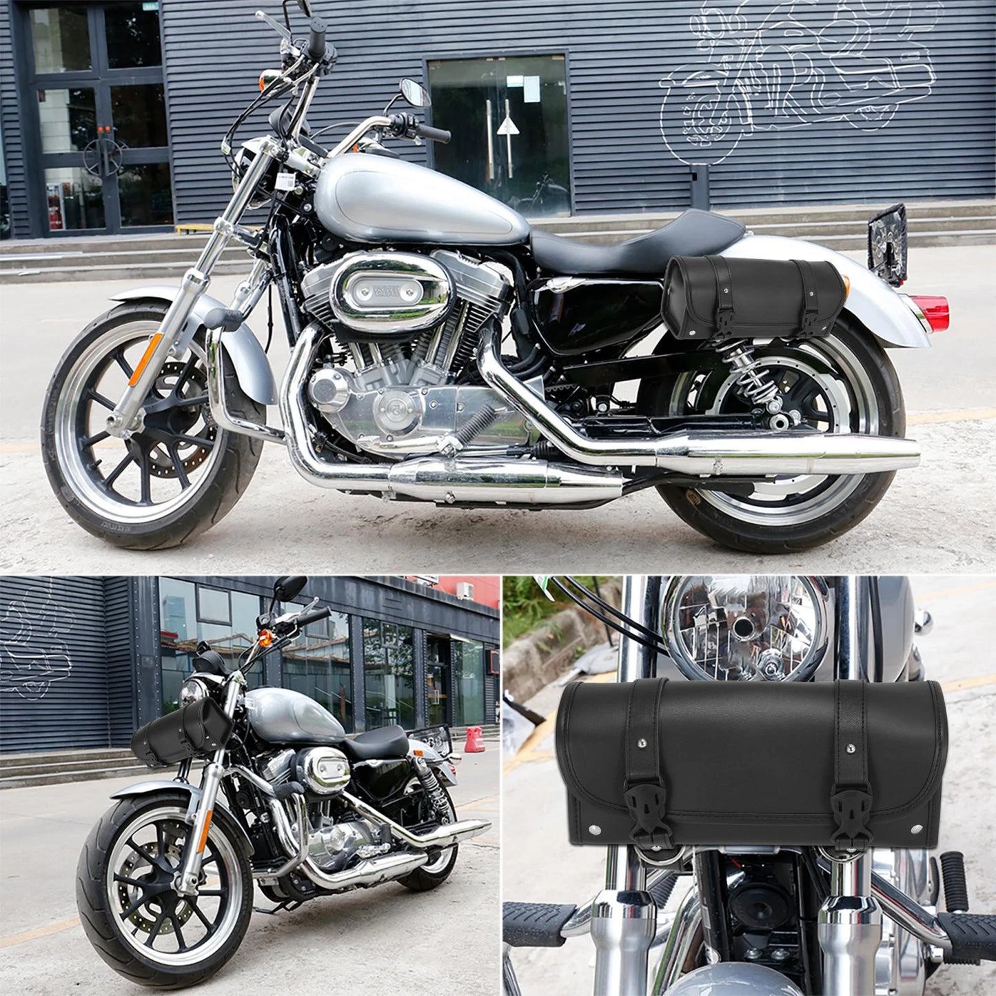 Fork Handlebar Tool Bag for Motorcycle Waterproof Faux Leather Black
