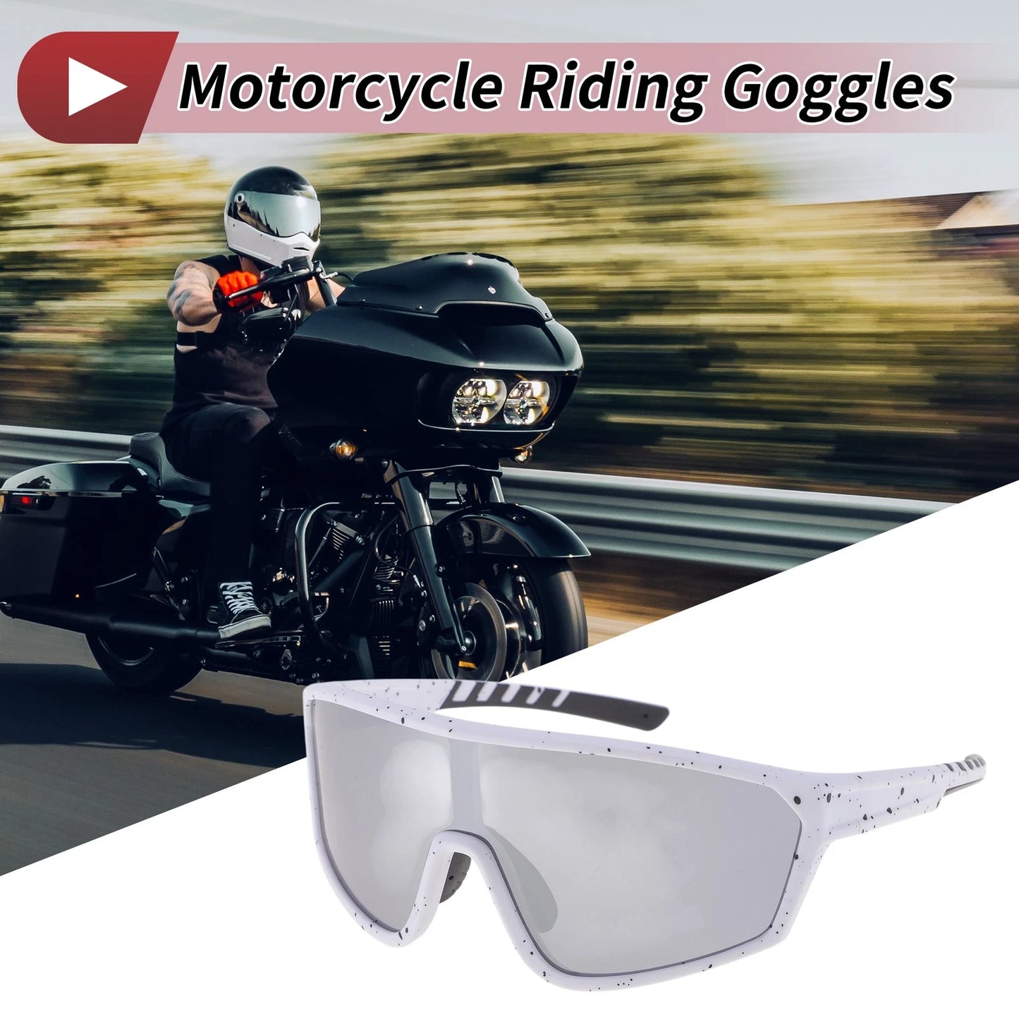 1 Set Motorcycle Riding Goggles Silver Tone Lens Black White Frame PC UV400 for Motorcycle