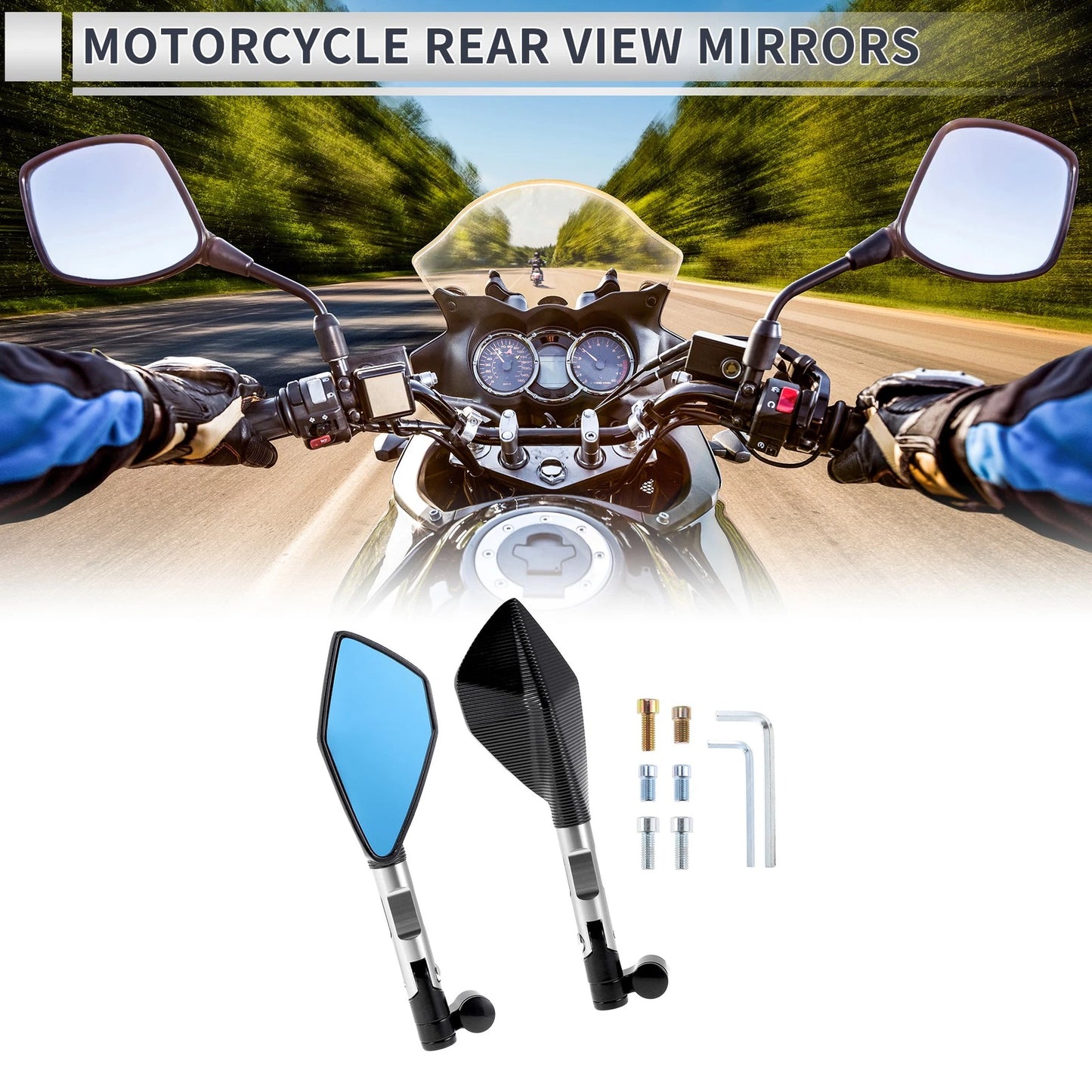M8/M10 Rear View Mirror for Motorcycle Aluminum Silver Tone