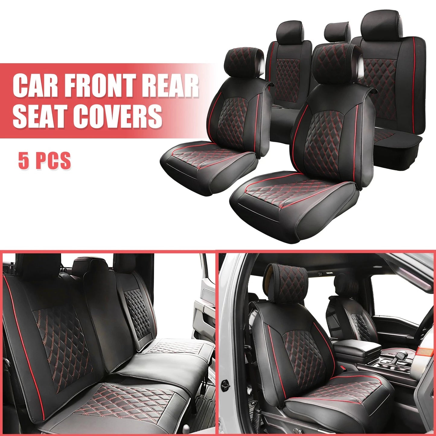 5 x Black Red Front Rear Seat Covers for Ford F-150 Crew Cab (2009-2023)