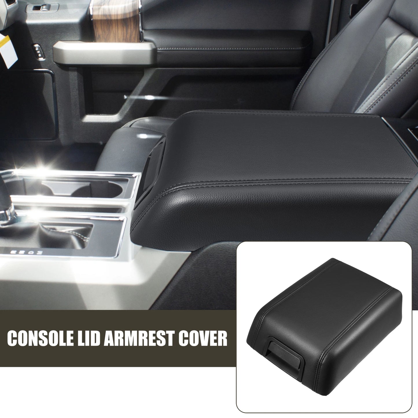 Center Console Lid Armrest Cover for Ford F-150 (2015-2023) Faux Leather Black