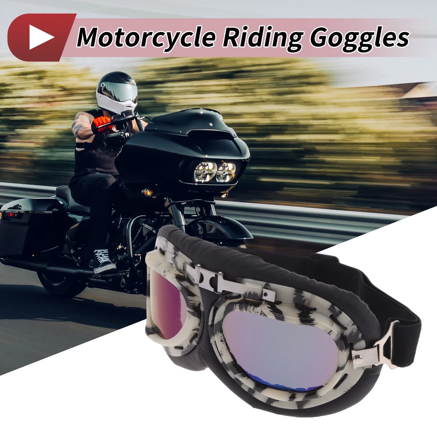 1 Pc Motorcycle Riding Goggles Colorful Lens Black/White Frame PC PU Sponge