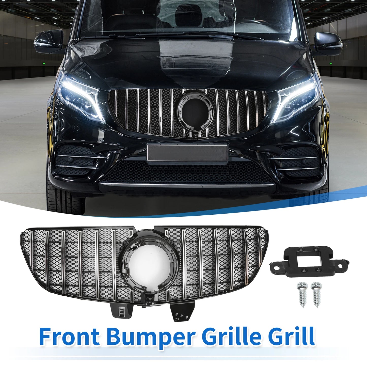 Front Upper Bumper Grille for Mercedes-Benz V-Class (2014-2023) Chrome Silver