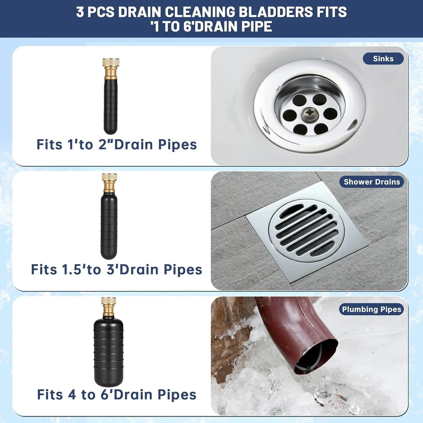 Drain Bladders for 1"-6" Drain Pipes - Rubber Cleaners