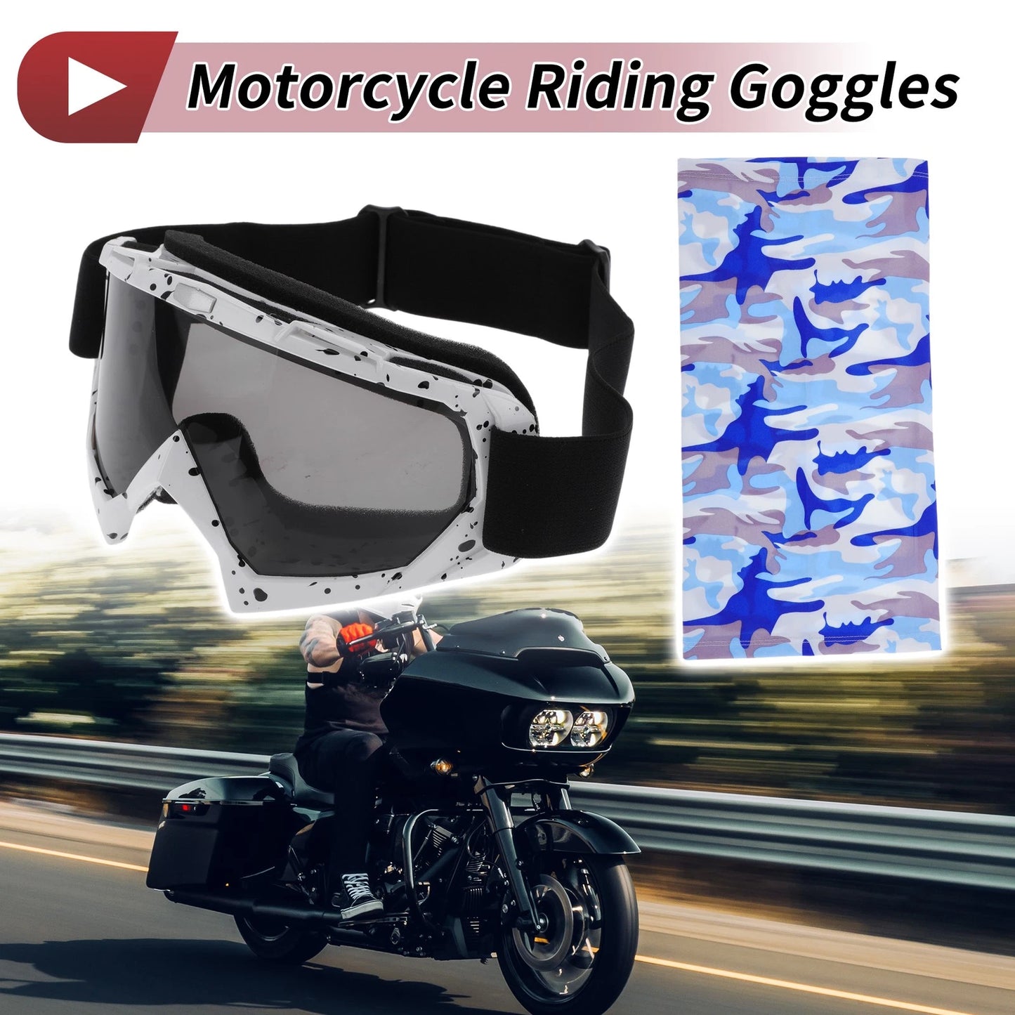 Set Motorcycle Riding Goggles Grey Lens White Black Frame PC Cycling Sunglasses