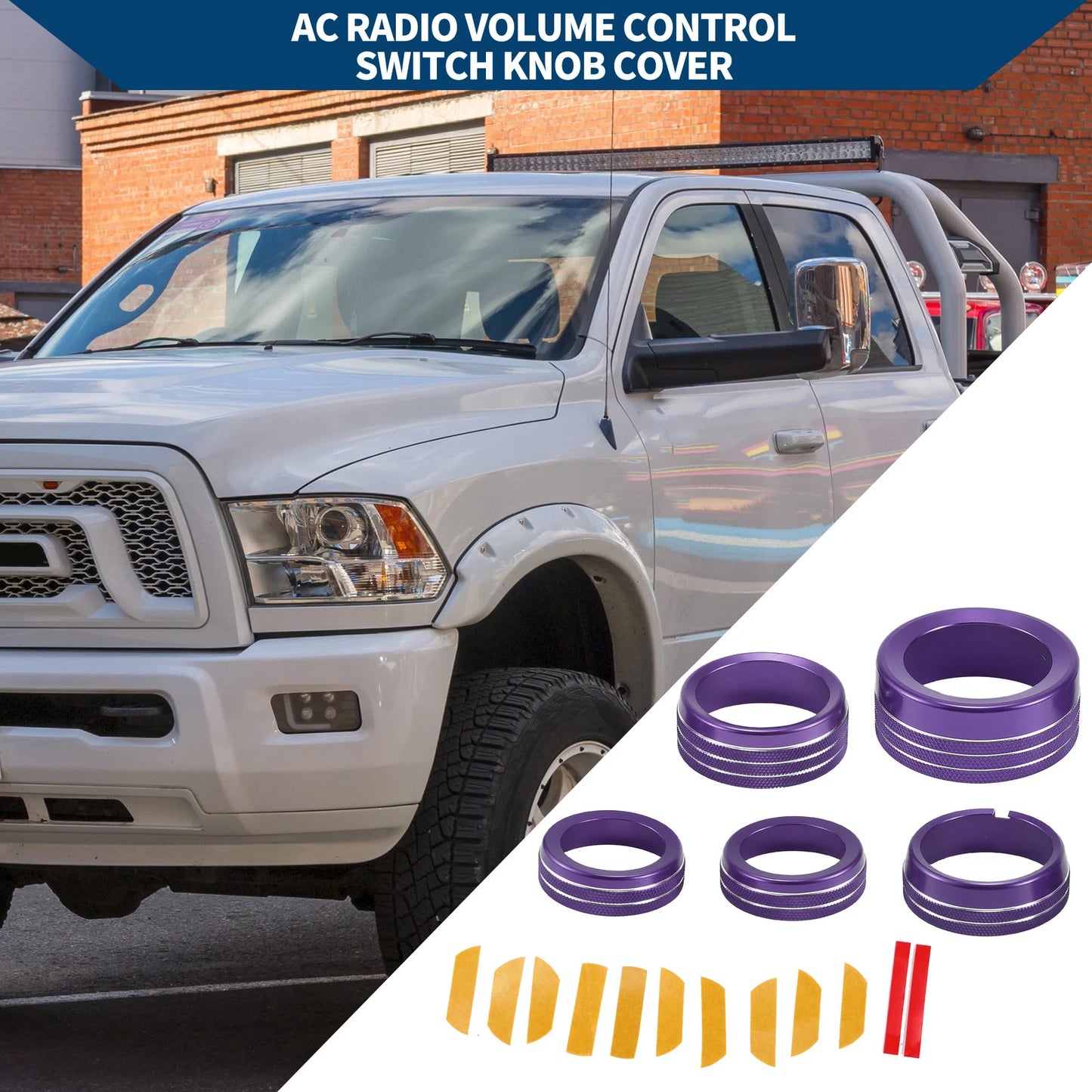 AC Gear Shift Headlight Media Knob Cover for Dodge RAM (2013-2017) Purple 5 Pcs