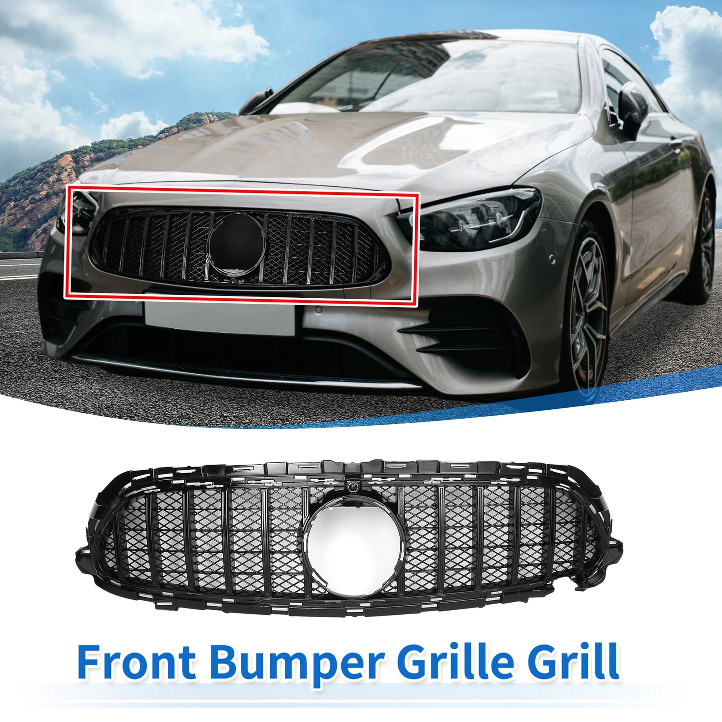 Front Upper Bumper Grille for Mercedes E200 AMG Body Styling Black (2017-2023)