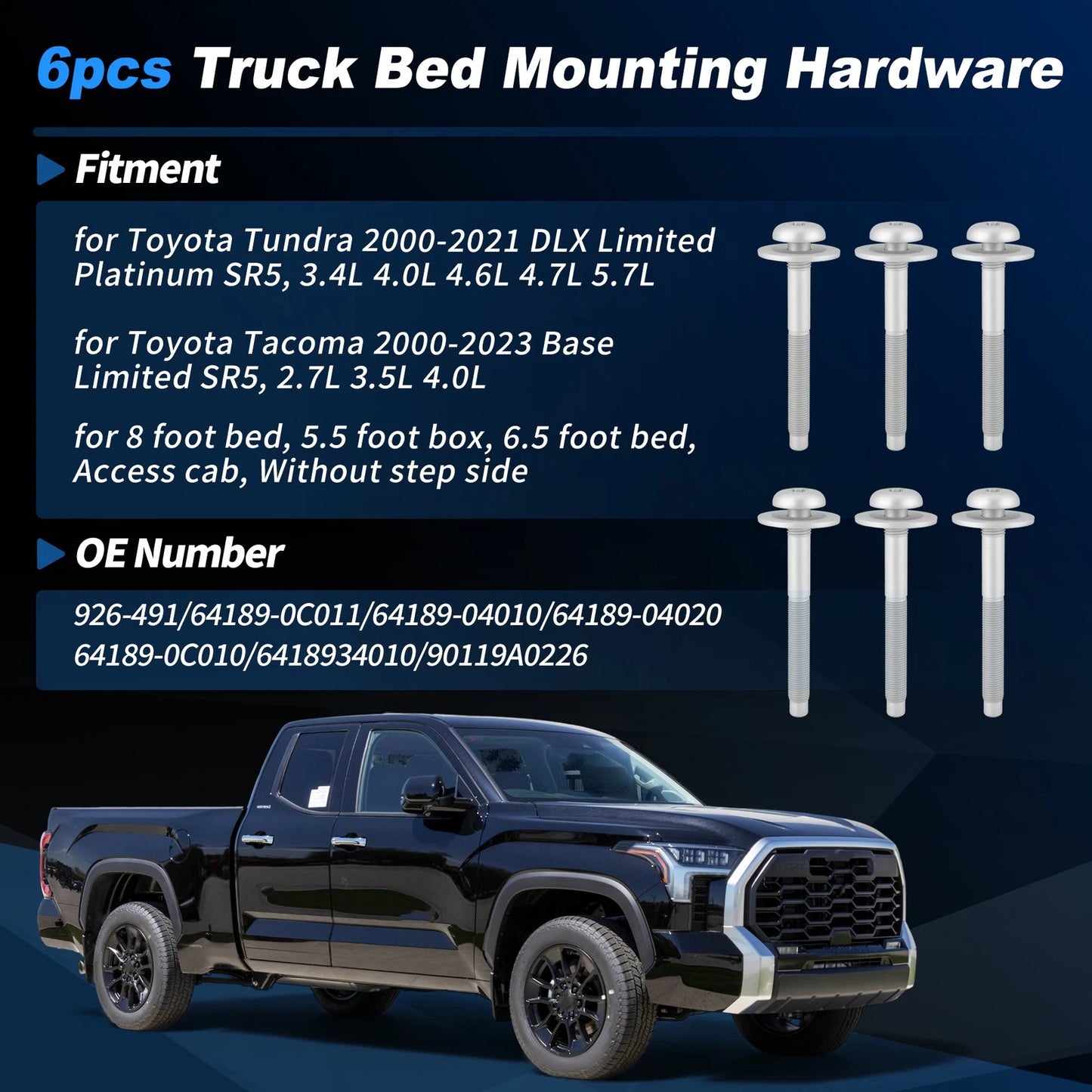 6 Pcs Bed Mounting Hardware Bolts for Toyota Tundra Tacoma (2000–2021)