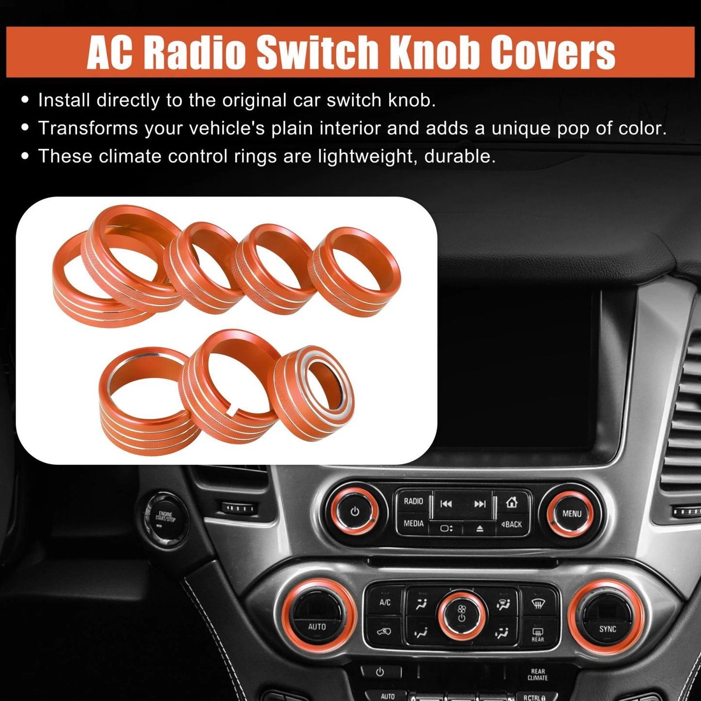 8 x Orange AC Radio Switch Knob Covers for Chevy Silverado & GMC Sierra (14-18)