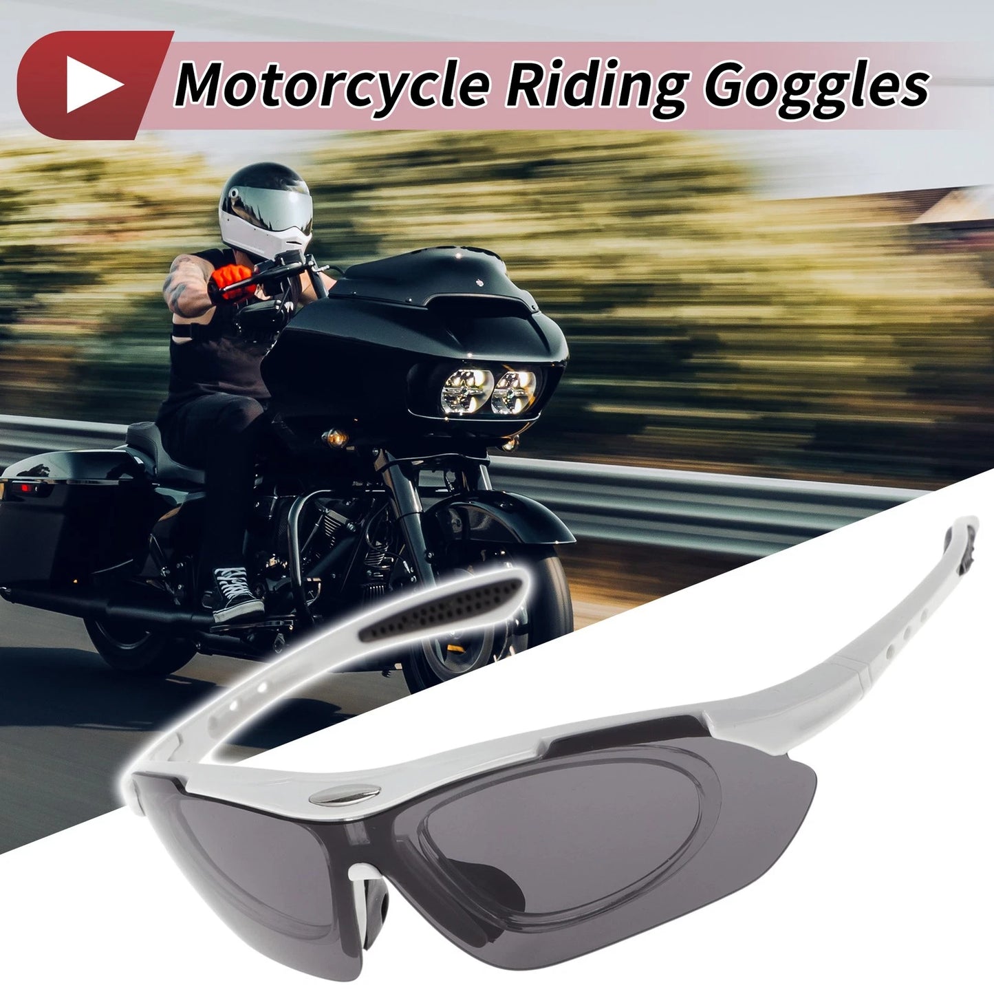 Set Motorcycle Riding Goggles Dark Gray Lens White Frame PC Cycling Sunglasses