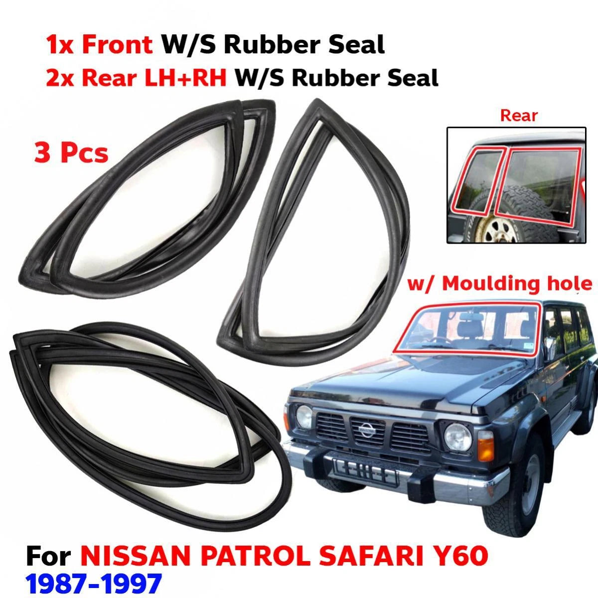 Windshield Rubber w Moulding F+R Set 3 Fits Nissan Patrol Safari Y60 1987-97 D05