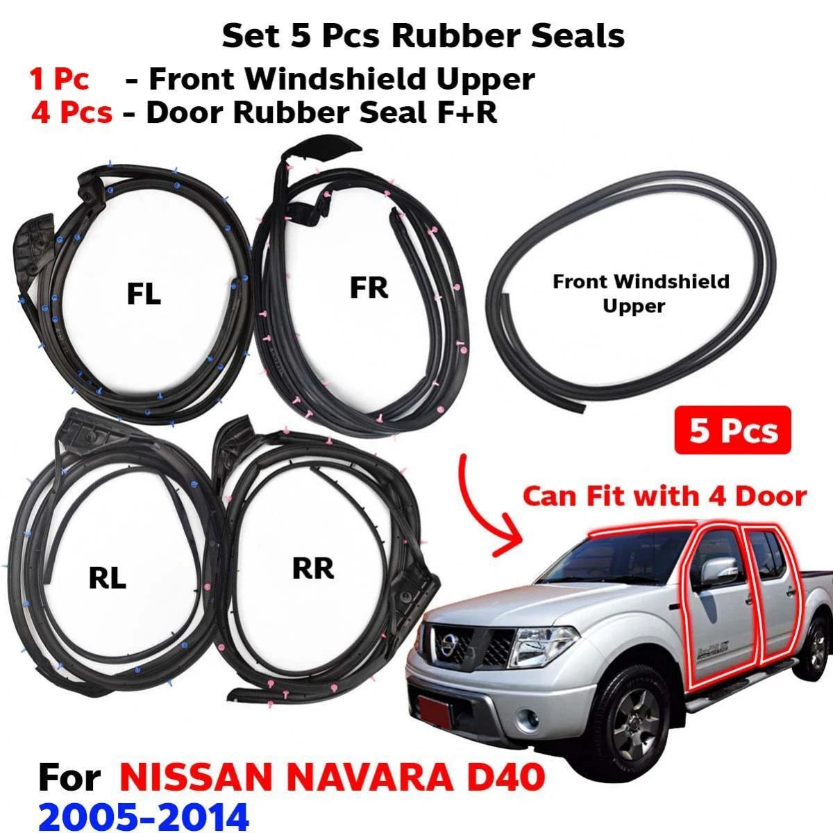 Set Front Windshield + Door Rubber Fits Nissan Navara D40 4D Pickup 2005-14 6af1