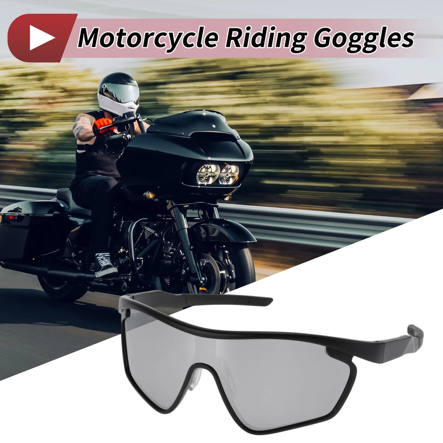 Motorcycle Riding Goggles Silver Tone Lens Black Frame