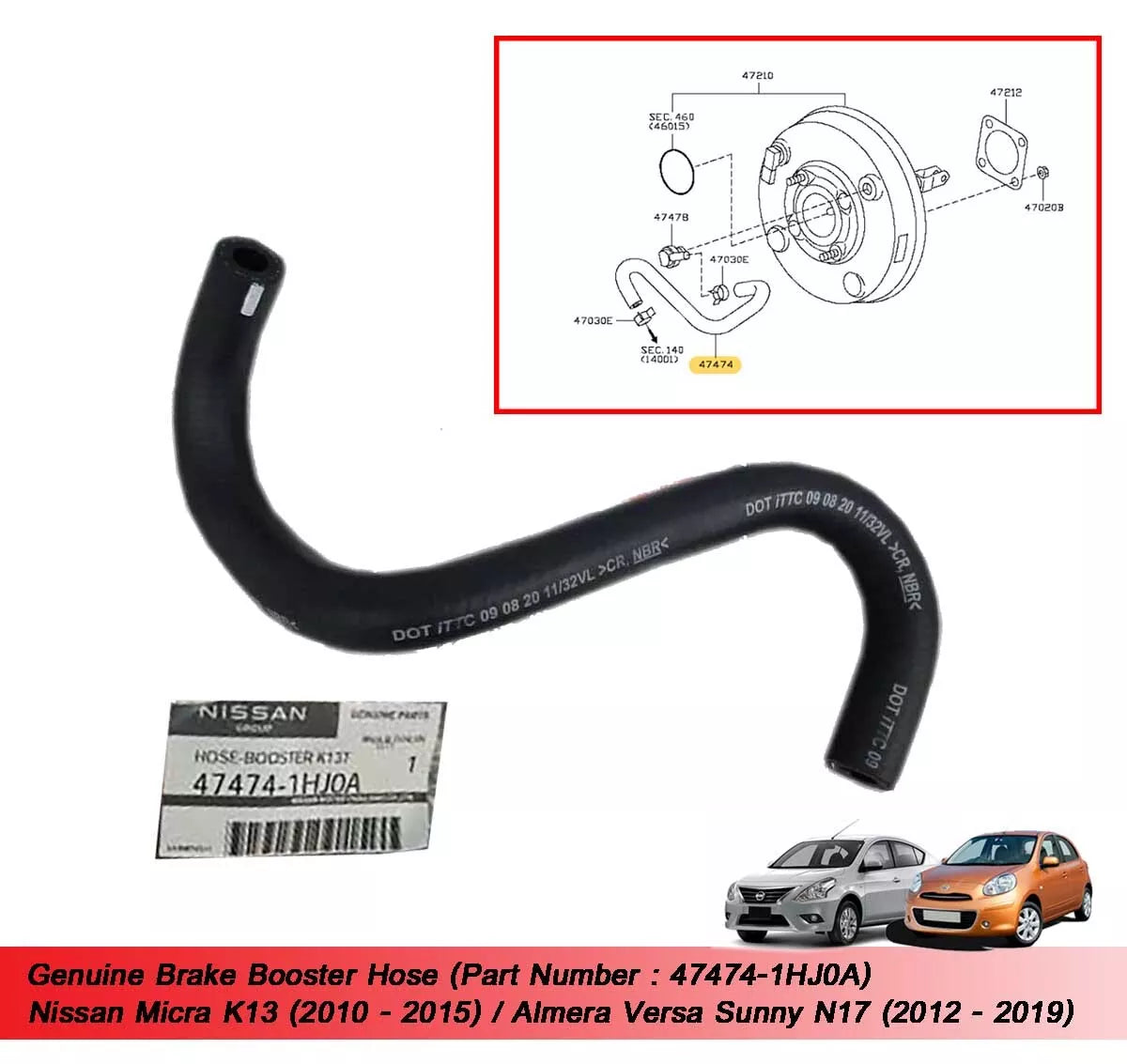 Brake Booster Hose for Nissan Micra K13, Versa, Sunny (2010-2019)