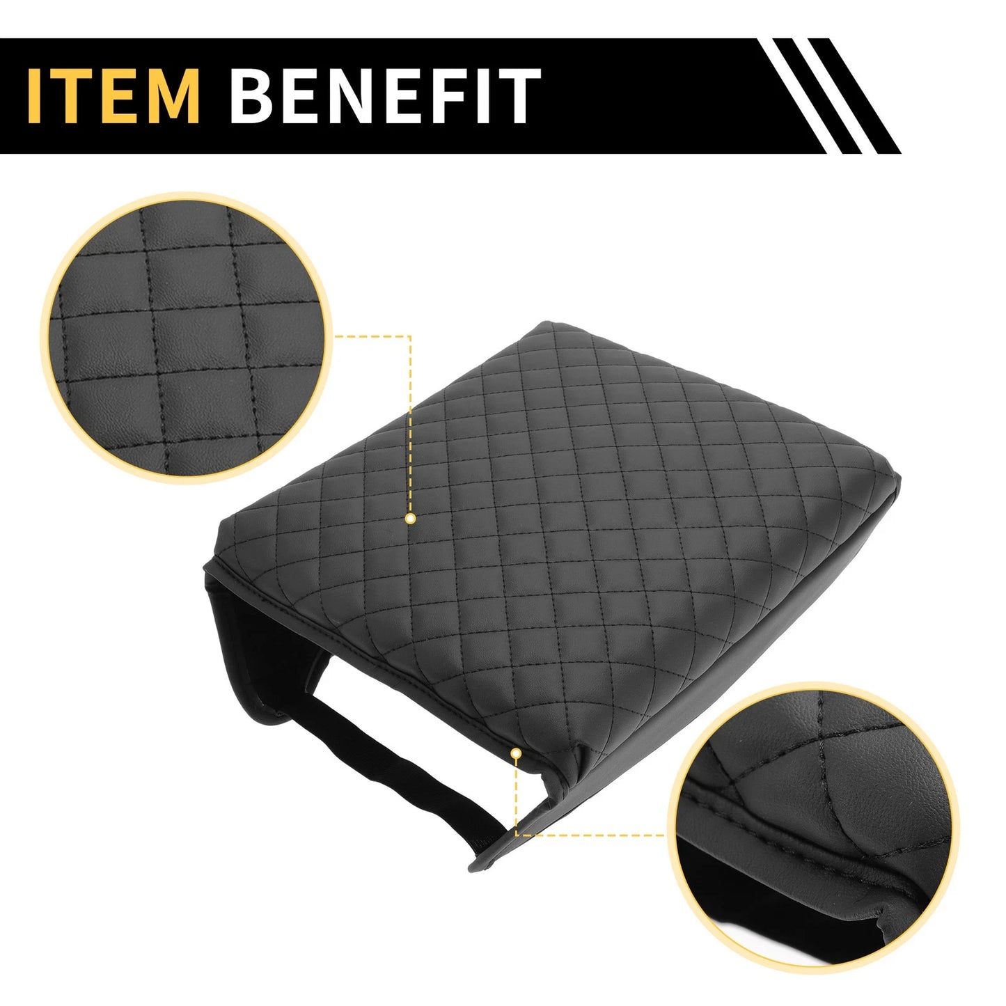 Console Lid Armrest Cover for Ford - Microfiber Leather, Black, Square Pattern