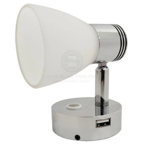Caravan Boat Bulkhead Light LED with USB Outlet Chrome/White