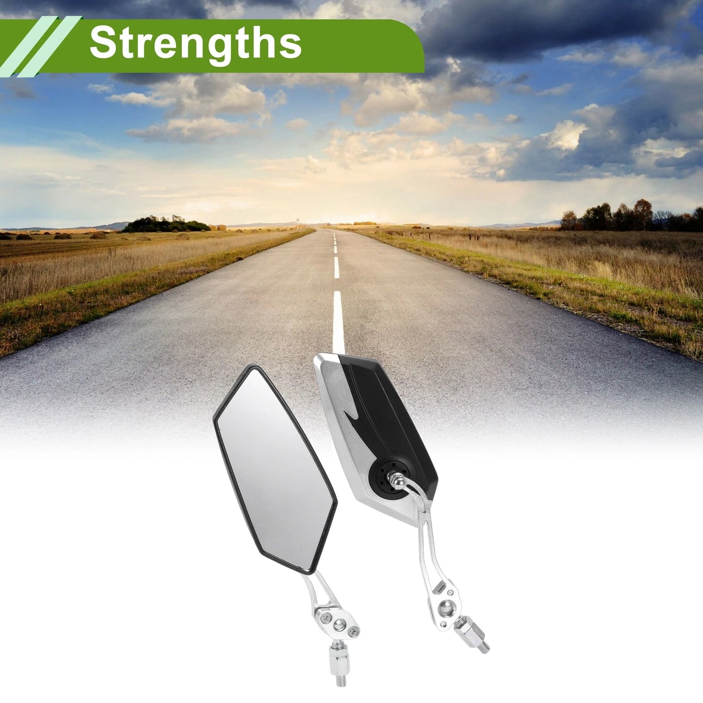 2 x M8/M10 Rear View Mirror Polygonal Shape Black Silver Tone Plastic for Motorcycle