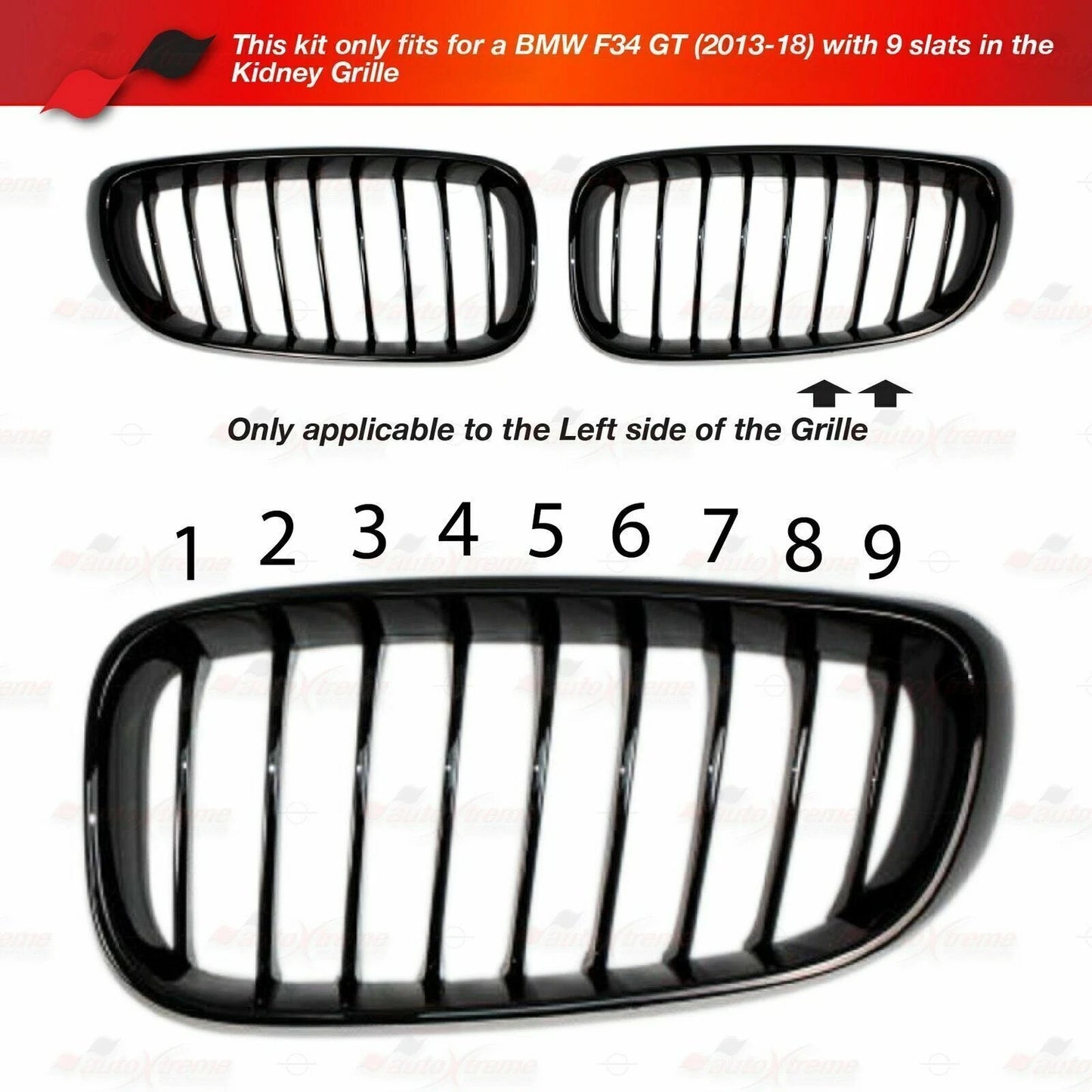 M-Power 9 Bars Kidney Grille Cover Insert Clips for BMW GT F34 (2013-2018)