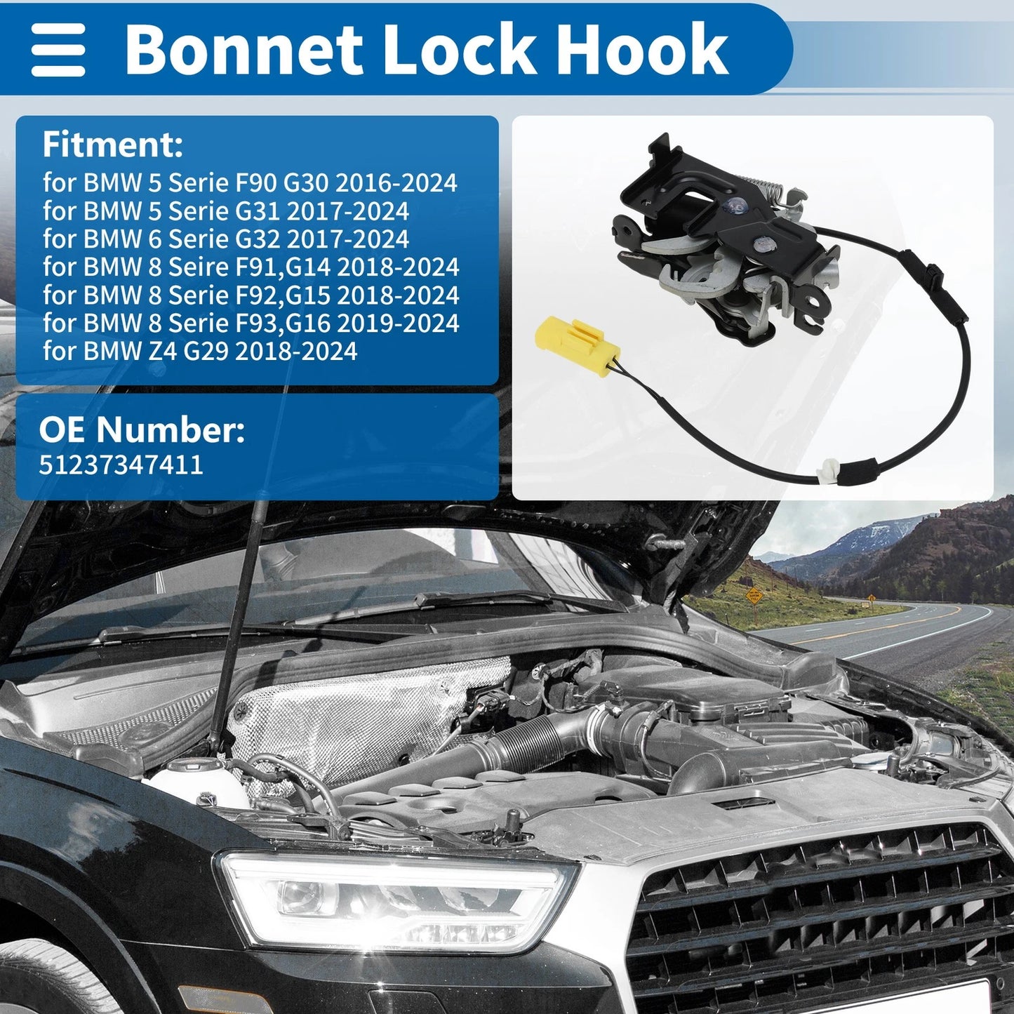 Hood Latch Assembly for BMW 5 Series F90 G30 (2016-2024) 1 x Pcs