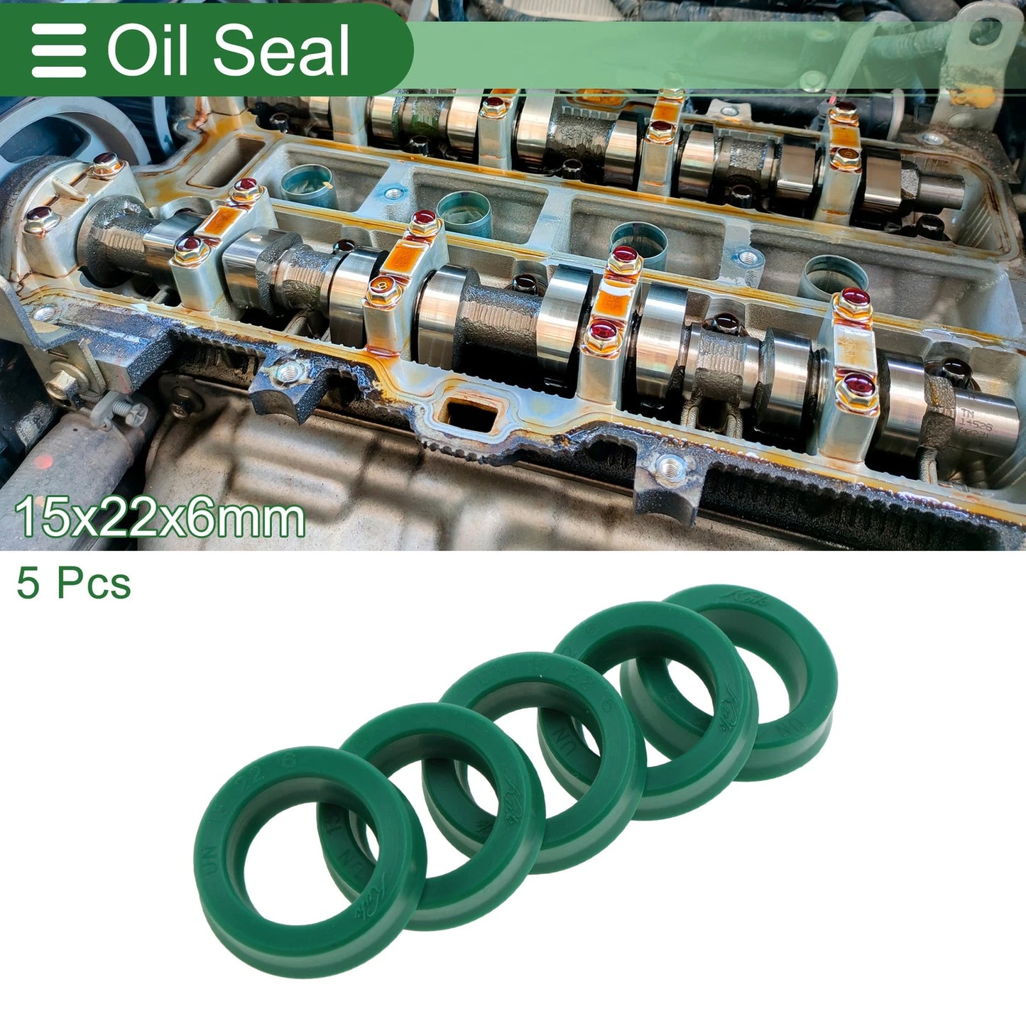 Oil Seal 15x22x6mm Rotary Shaft Seal TPU High Pressure Green 5 Pcs