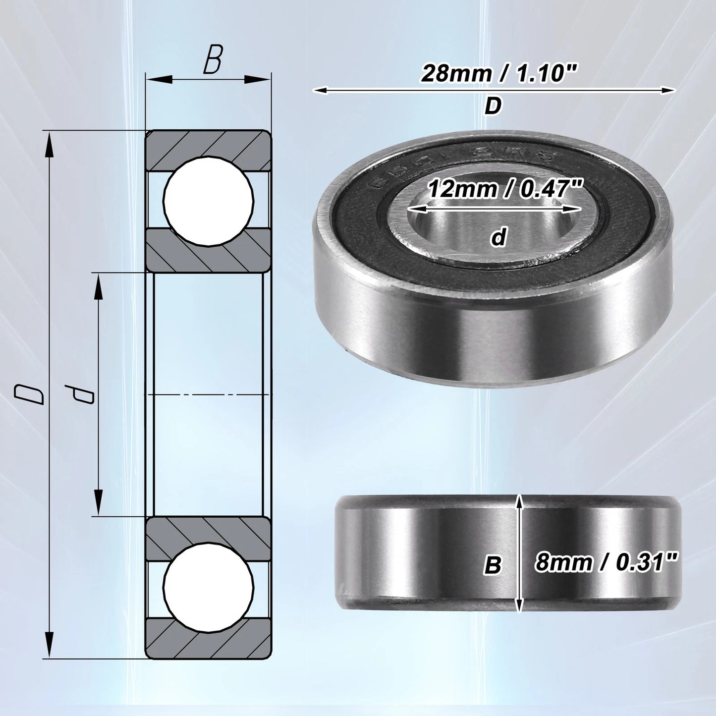10 x 12x28x8mm Double Rubber Seal Deep Groove Ball Bearings for Car
