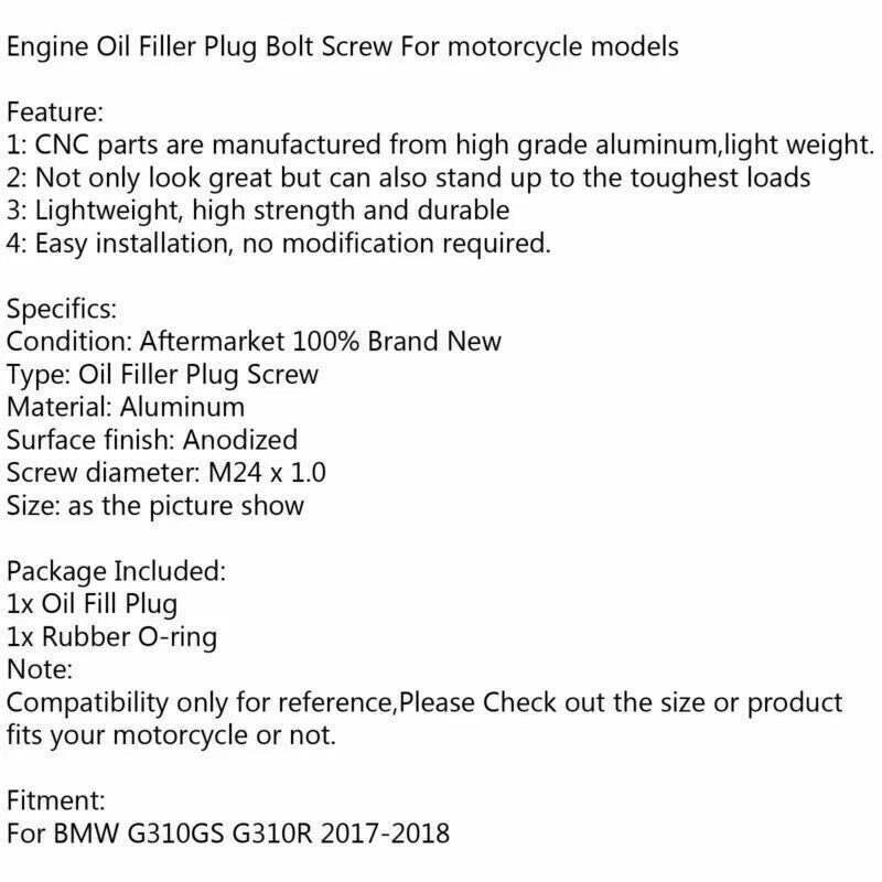 M24 x 1.0 Black Oil Cap Bolt for BMW G310GS, G310R (2017-2018)
