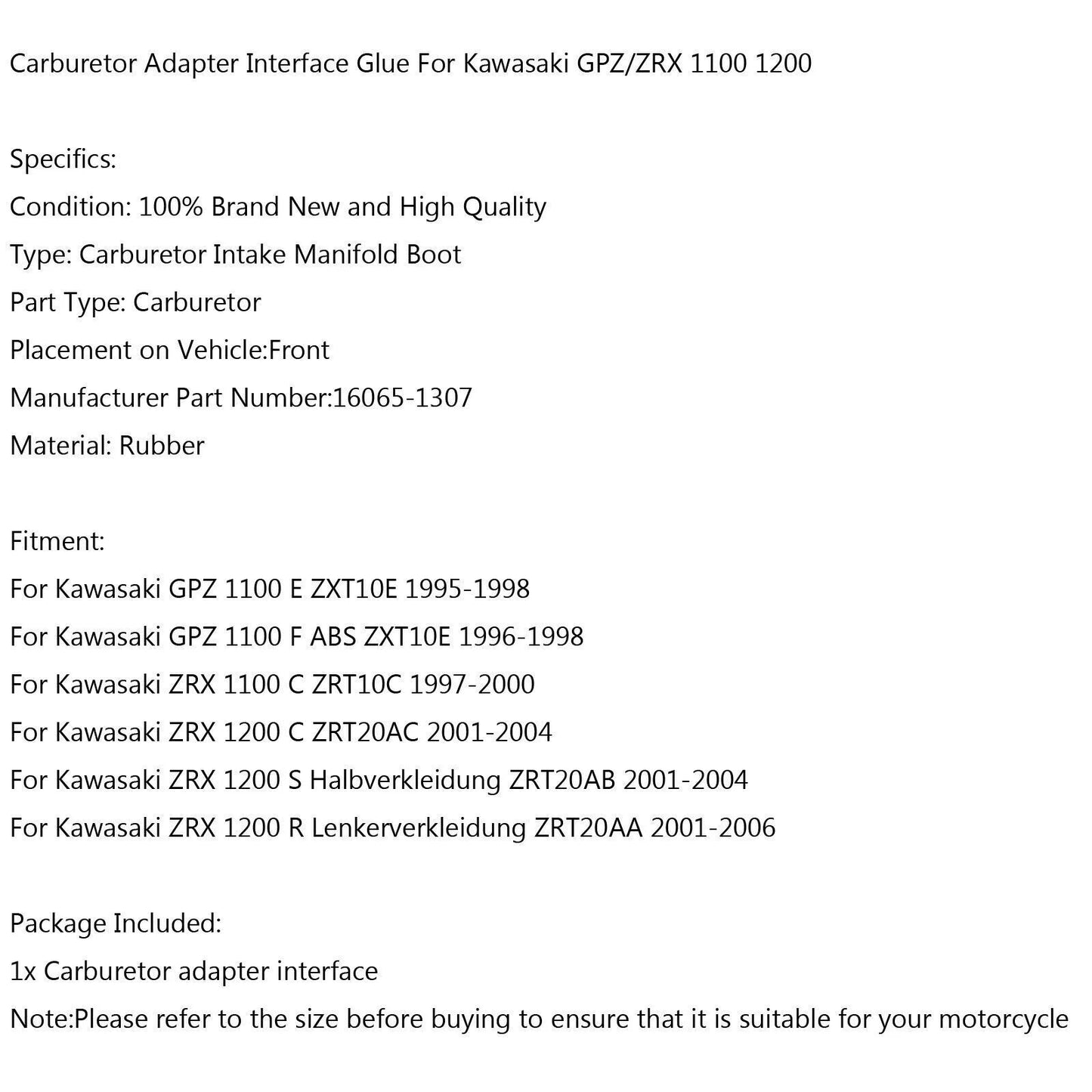 Rubber Intake Manifold for Kawasaki GPZ ZRX 1100 1200 (1990-2006)