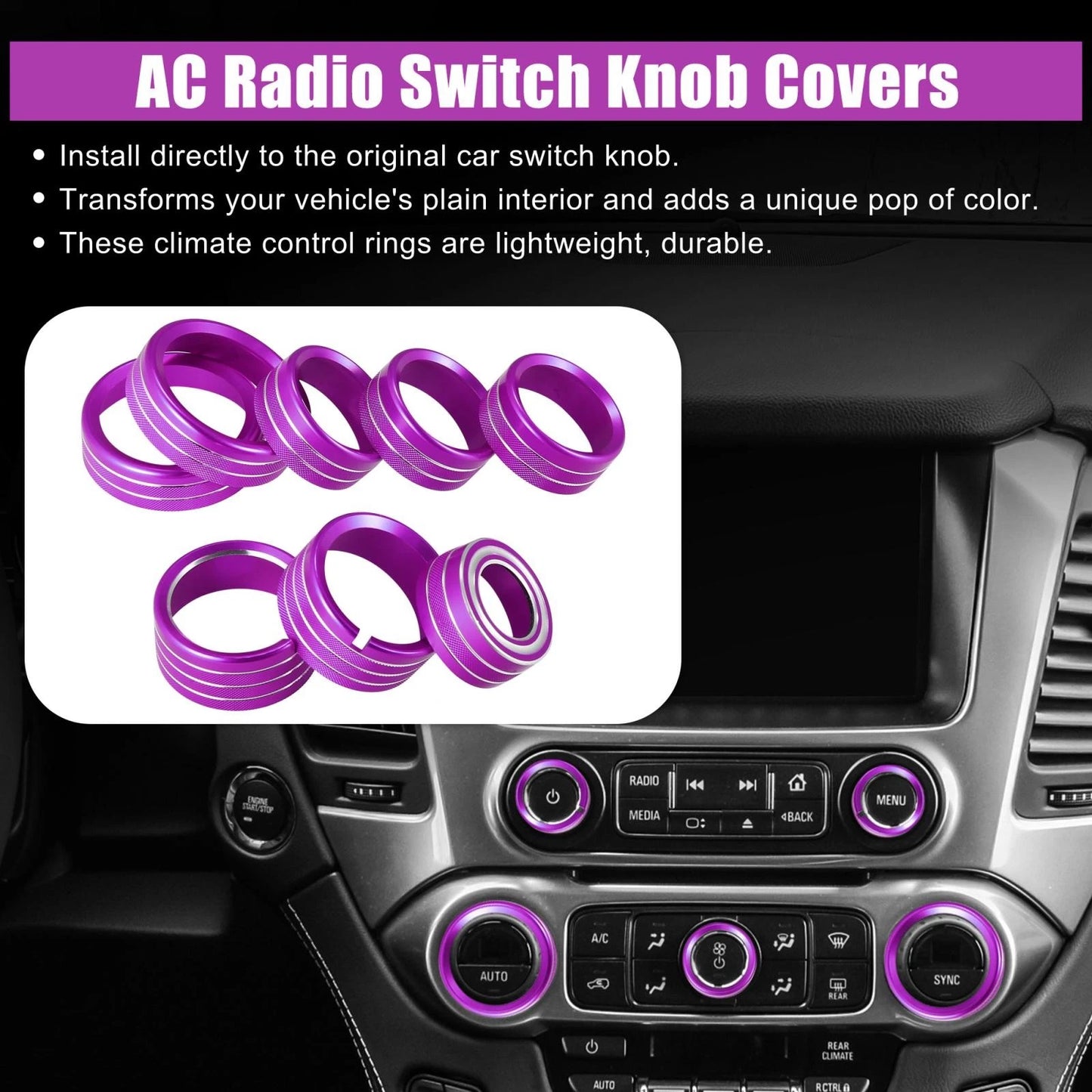 8 x Purple AC Switch Knob Covers for Chevy Silverado & GMC Sierra (2014-2018)