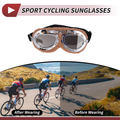 Motorcycle Riding Goggles Silver Tone Lens Brown Frame PC Cycling Sunglasses