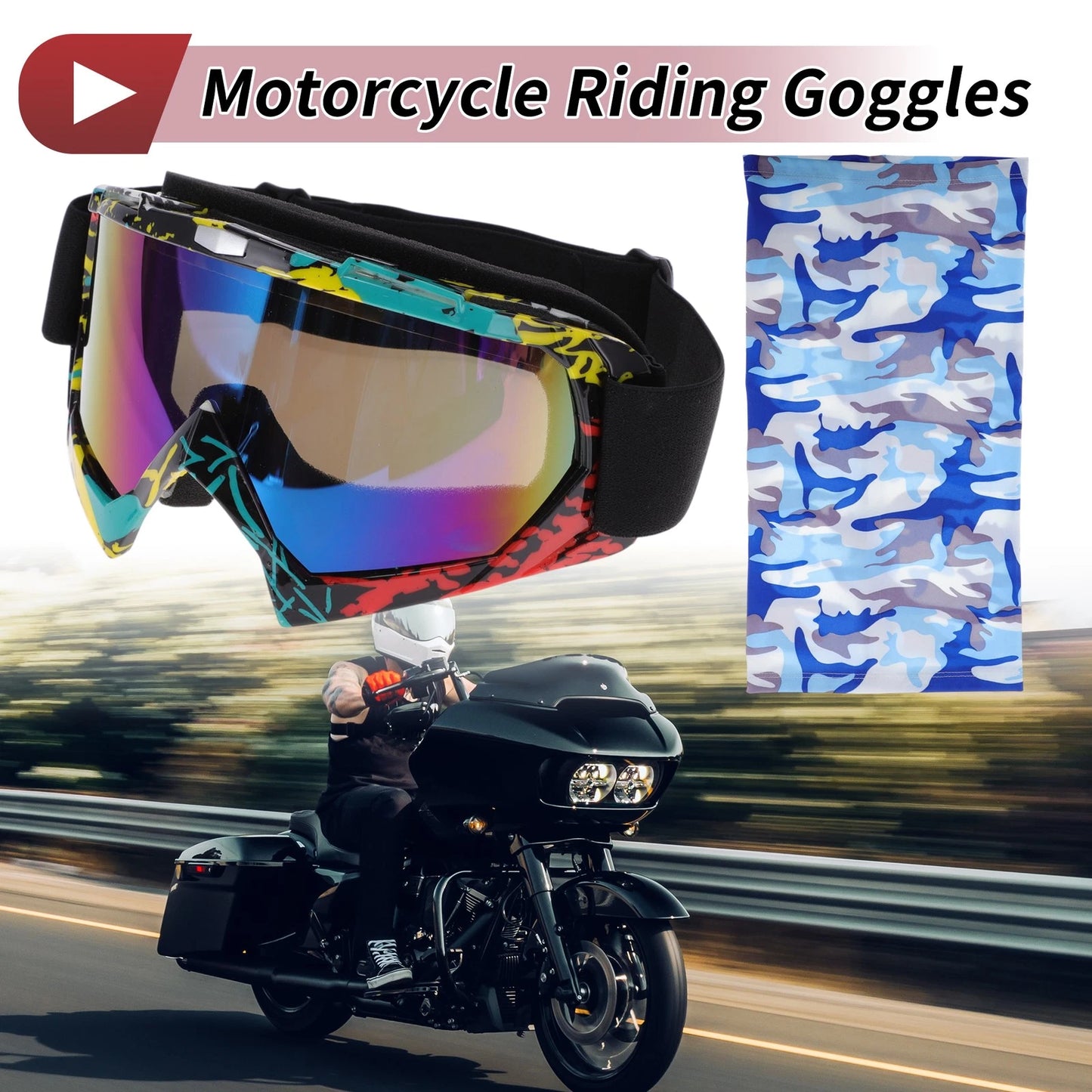 Motorcycle Riding Goggles Blue Lens Red Black Yellow Frame PC TPU