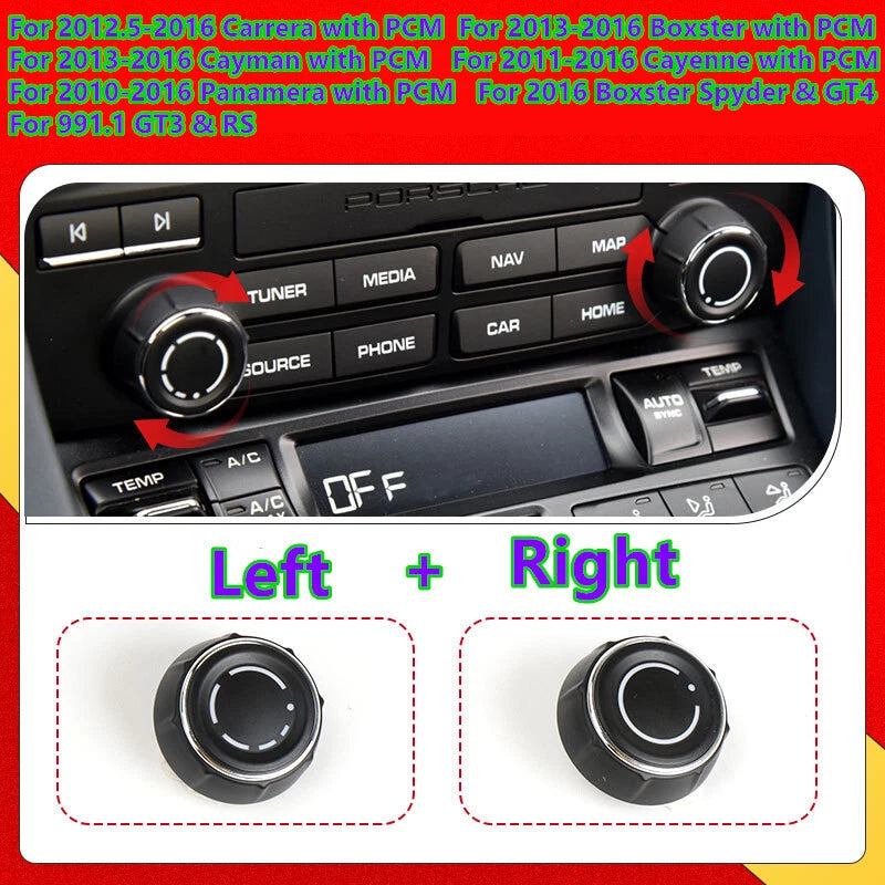 2 x L+R Radio Knob for Porsche 981/991 Boxster/Cayman/Carrera/Cayenne/Panamera