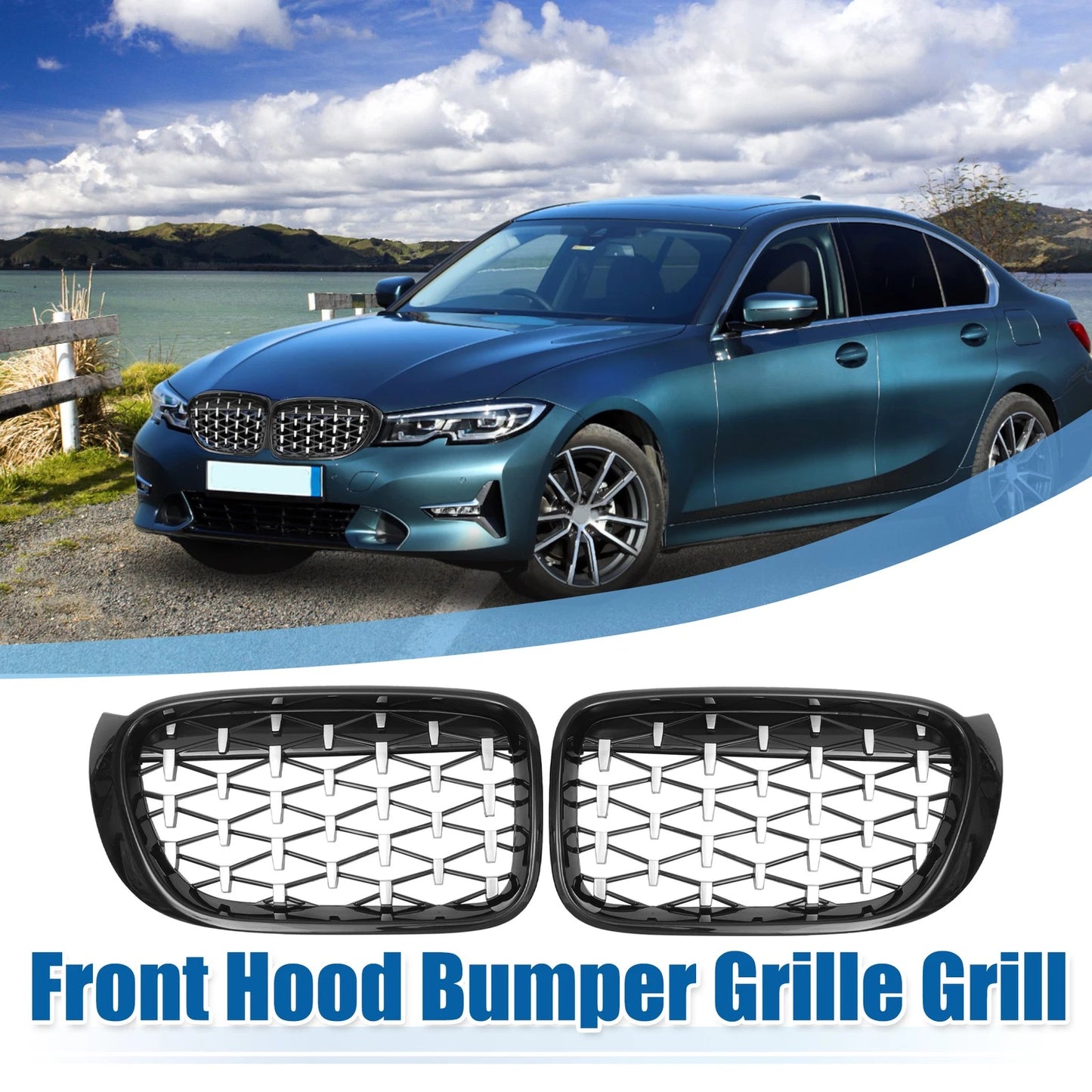Front Hood Bumper Grille for BMW X3 2014-2017 2 x Diamond Star Black