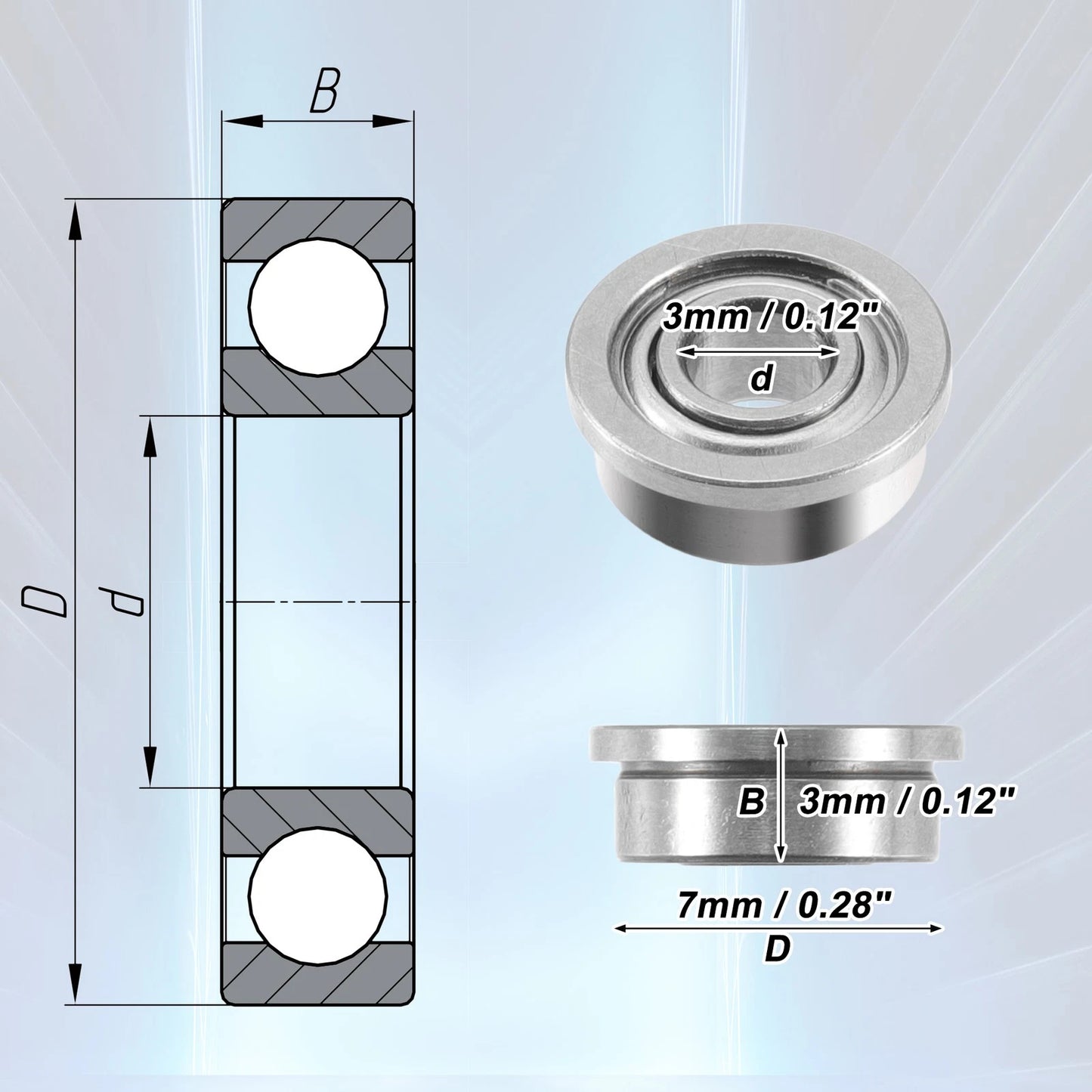 10 Pcs 3x7x3mm Single Row Flanged Deep Groove Ball Bearings for Bearings Inc
