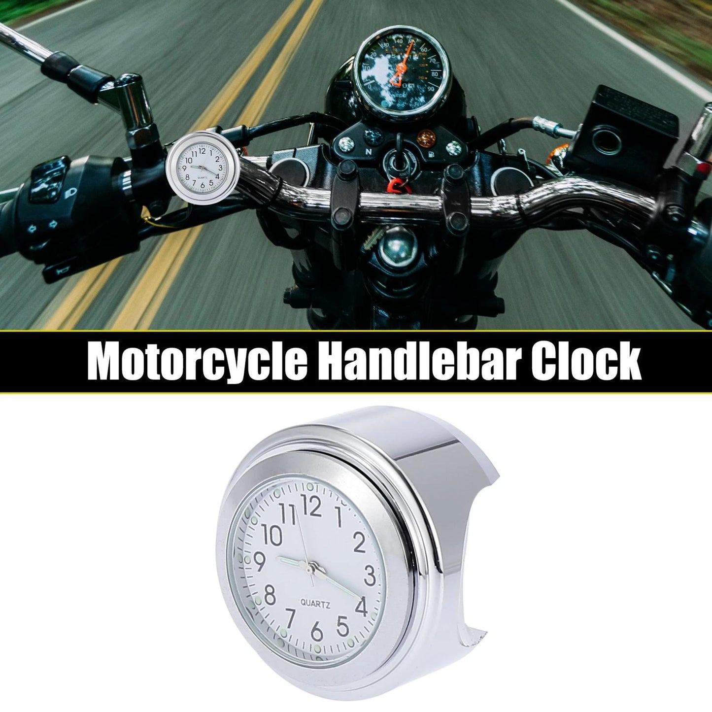 Clock Set / 22-25mm 7/8" to 1" / Motorcycle Handlebar Silver Tone White Panel