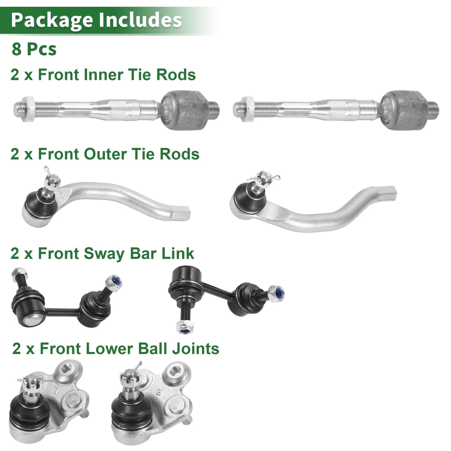 8pcs Front Suspension Kit for Honda Civic  - Tie Rod Ends, Sway Bar Links, Ball Joints