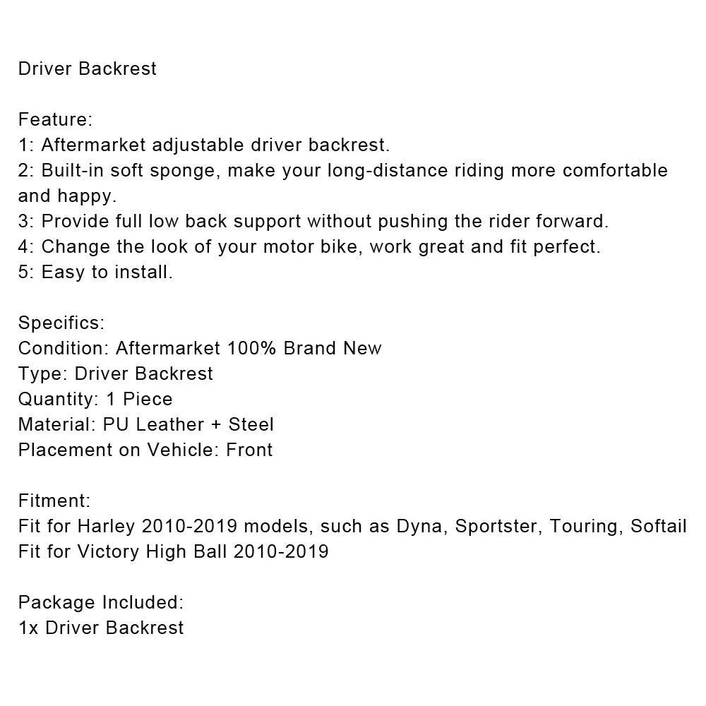 Driver Backrests for Victory High Ball, Vision, Tour, Sportster (2010-2019)