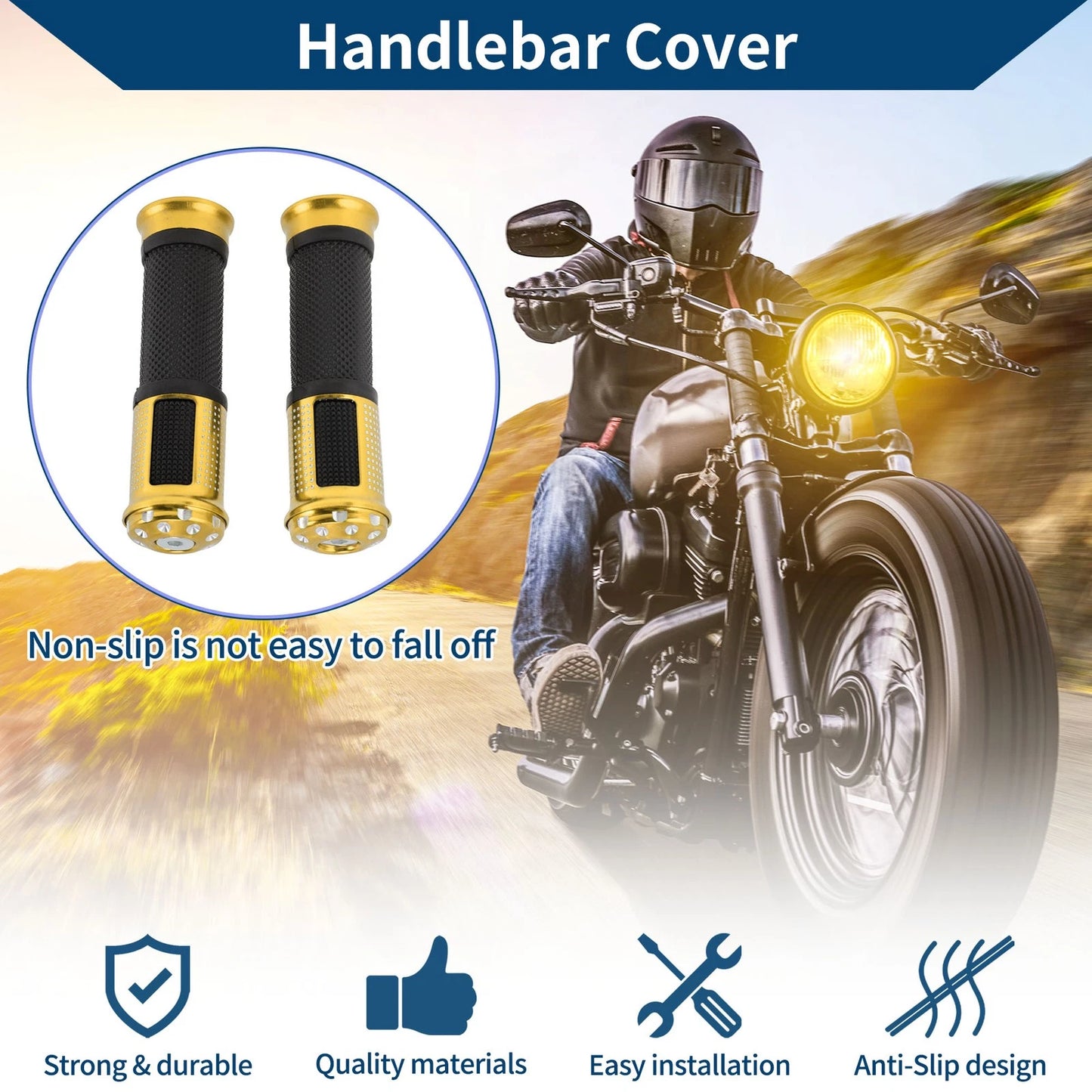 23 x 25 mm Motorcycle Hand Grips Cover Aluminum Alloy Rubber Gold Tone 1 Pair