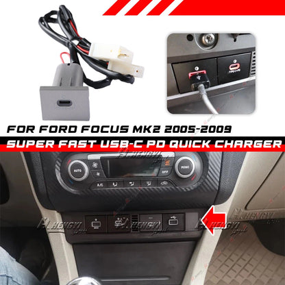 Silver USB-C PD Port Charger Red LED for Ford Focus (2005–2009)